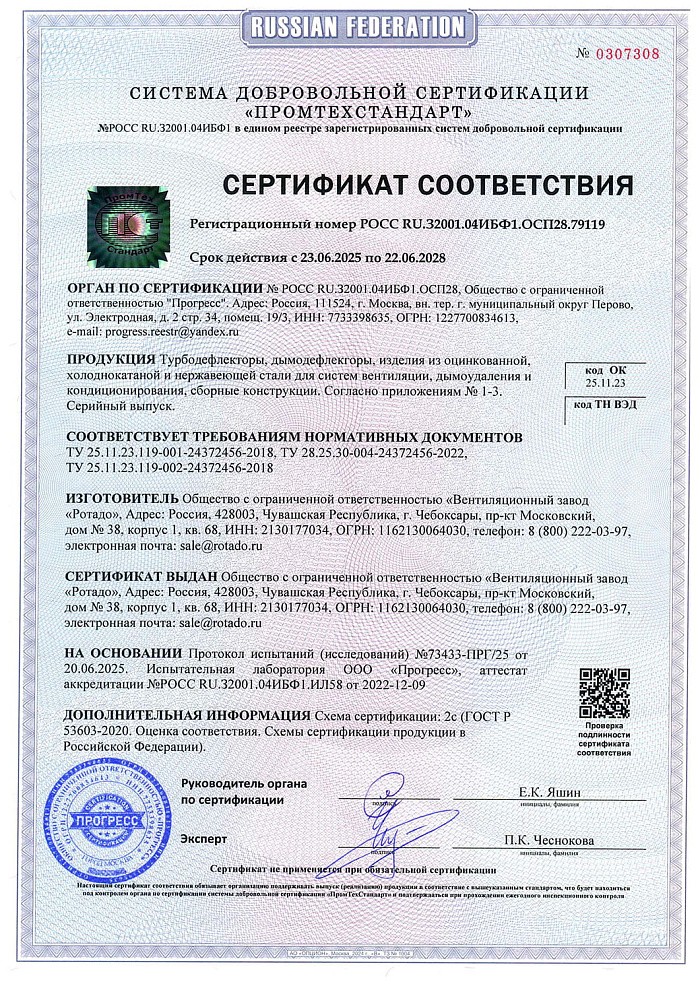 Сертификат соответствия на продукцию - турбодефлектор ТД